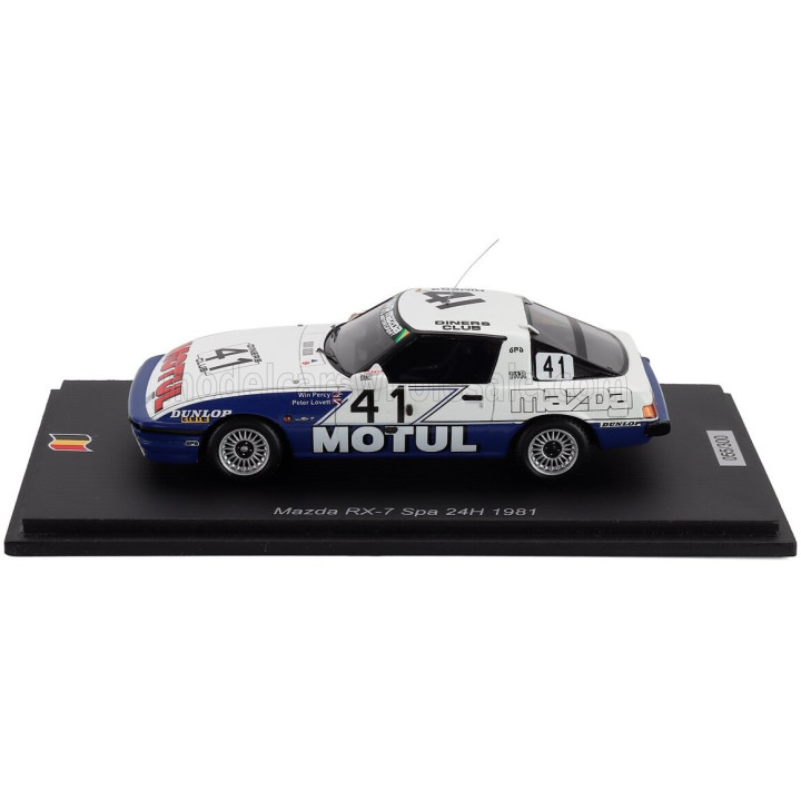SPARK MODEL MAZDA RX-7 TEAM MOTUL TWR N 41 24h SPA 1981 PETE LOVETT - WIN PERCY - WHITE BLUE 1/43