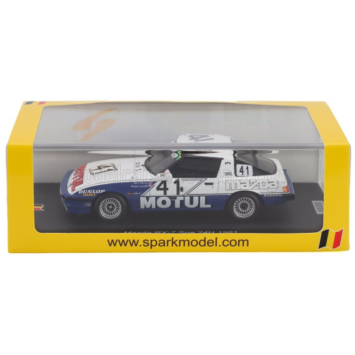 SPARK MODEL MAZDA RX-7 TEAM MOTUL TWR N 41 24h SPA 1981 PETE LOVETT - WIN PERCY - WHITE BLUE 1/43