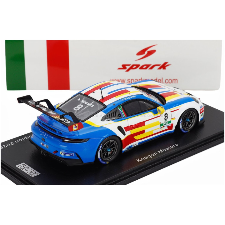 SPARK MODEL PORSCHE 911 992 GT3 N 8 PORSCHE CARRERA CUP ITALY CHAMPION 2025 KAEGAN MASTERS - WHITE BLUE 1/43