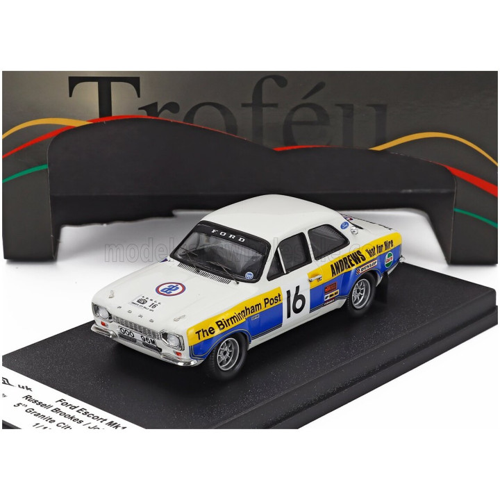 TROFEU FORD ENGLAND ESCORT MKI N 16 RALLY CITY GRANITE 1975 RUSSELL BROOKES - JOHN BROWN - WHITE BLUE YELLOW 1/43