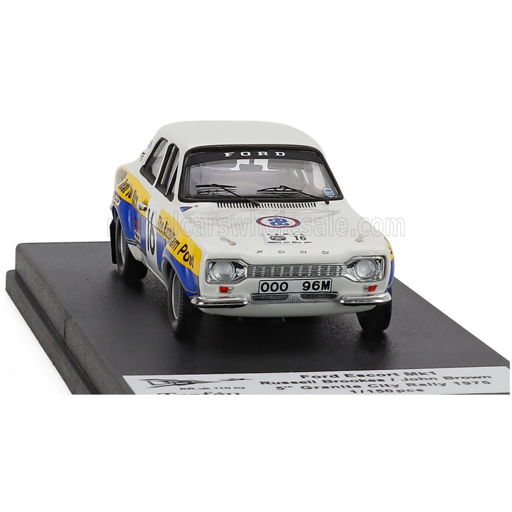 TROFEU FORD ENGLAND ESCORT MKI N 16 RALLY CITY GRANITE 1975 RUSSELL BROOKES - JOHN BROWN - WHITE BLUE YELLOW 1/43