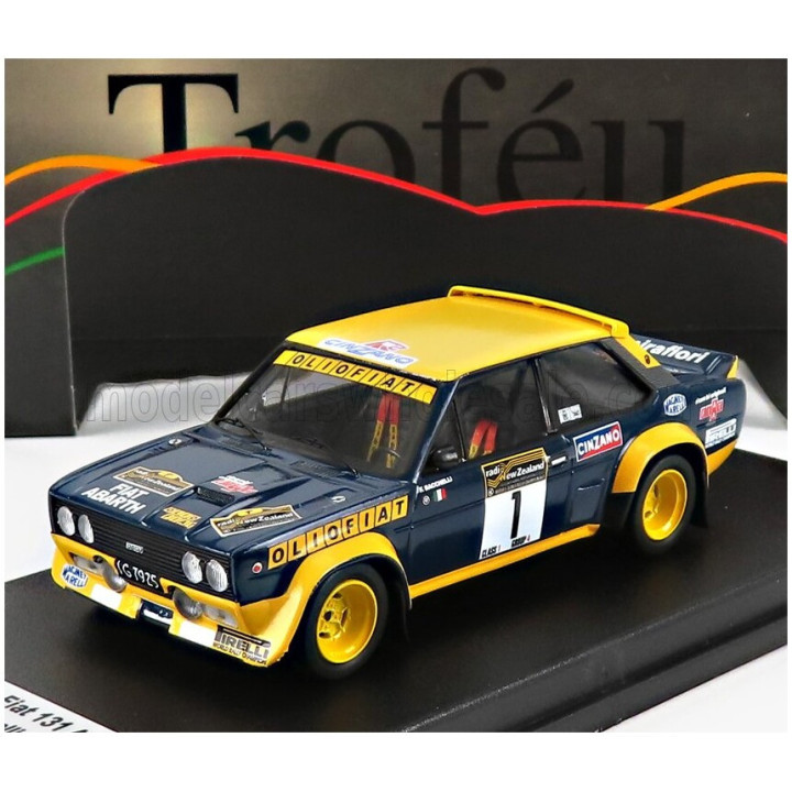 TROFEU FIAT 131 ABARTH OLIO FIAT N 1 WINNER RALLY NEW ZEALAND (AFTER FRONT DAMAGE) 1977 F.BACCHELLI - F.ROSSETTI - YELLOW BLUE