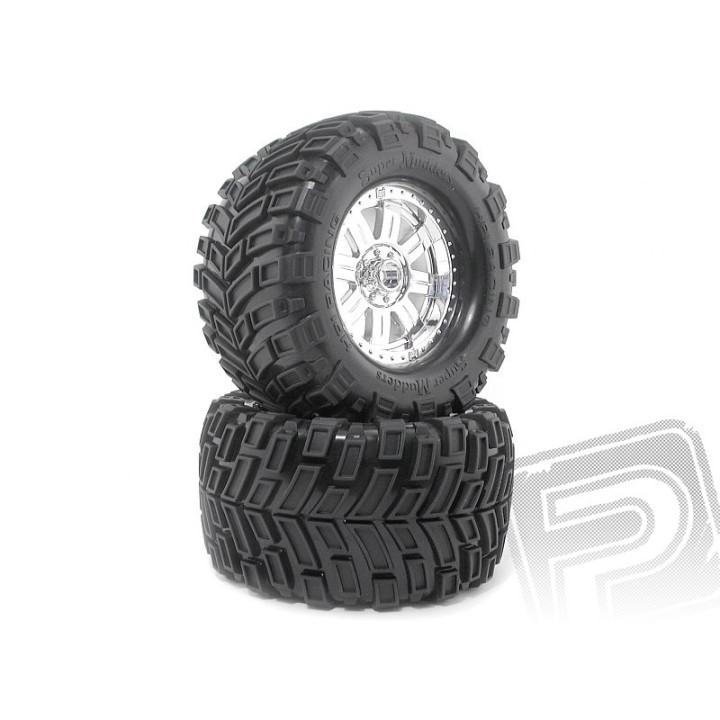 Nalepené Super Mudders gumy 155x85mm na chromových diskách, 2ks. pro Savage