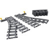LEGO City – Výhybky 60238. Potřebujete rozšířit svou trať postavit nádrží, tak právě pro Vás je připravena tato sada 4ks zahnuté tratě, 1 ks pravé výhybky a jednou levou výhybkou. Koleje přesně pasují jedna do druhé.