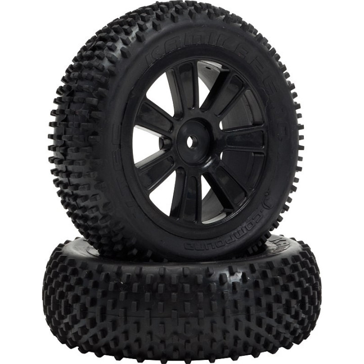 VTEC Kamikaze 4WD přední, nalepené gumy na černých diskách - 1/10 Buggy J-směs
