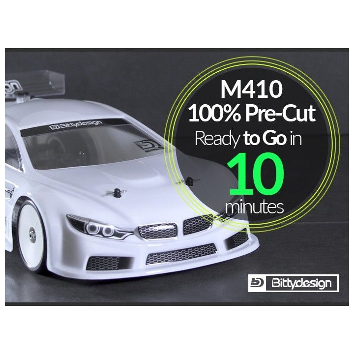 Karoserie čirá Bittydesign M410 - (190 mm) - lehká - předsekaná pro XRAY T4 17 a 18
