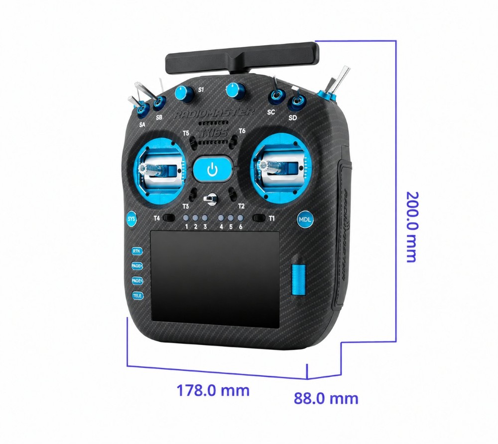 Rozmery RadioMaster TX16S MK3 MAX 200 × 178 × 88 mm